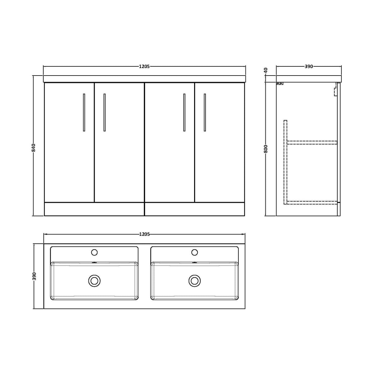 [BFLE3003C2] Bramshall Floor Standing 4 Door Vanity Basin Unit - Choice of Colour and Basin Type - Technical Drawing