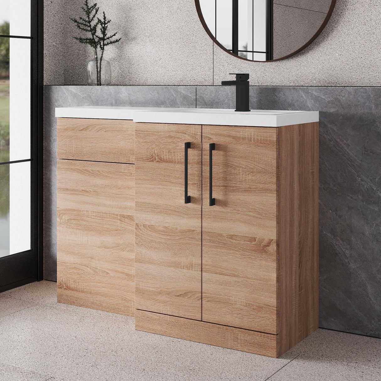 Bramshall Combination Vanity Unit with Basin & WC, Right Hand, 1100mm x 390mm - Choice of Colour and Handle Finish