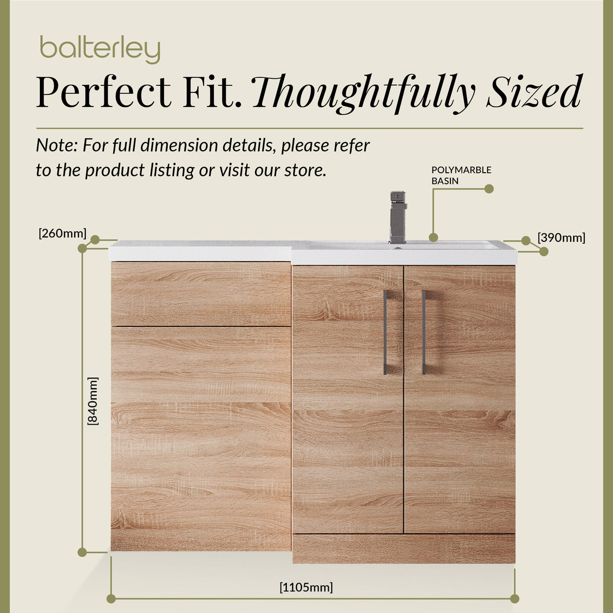 Bathroom Vanity Unit with Basin & WC, Right Hand, 1100mm x 390mm - Choice of Colour