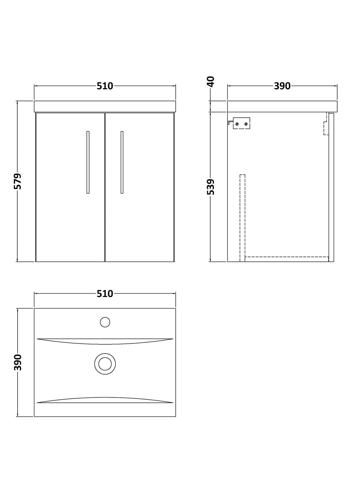 [BFLE3021A] Bramshall Contemporary 2 Door Wall Hung Vanity Basin Unit with Mid-Edge Basin, Choice of Size and Colour - Line Drawing