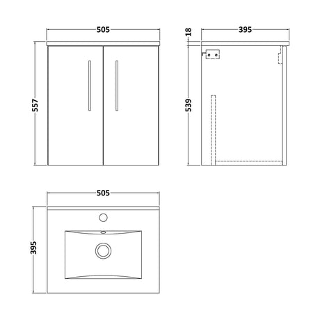 [BFLE3021B] Balterley  Contemporary Bathroom 2 Soft Close Door & Minimalist Wall Hung Vanity Unit Basin, Bleached Oak, 500mm - Technical Drawing