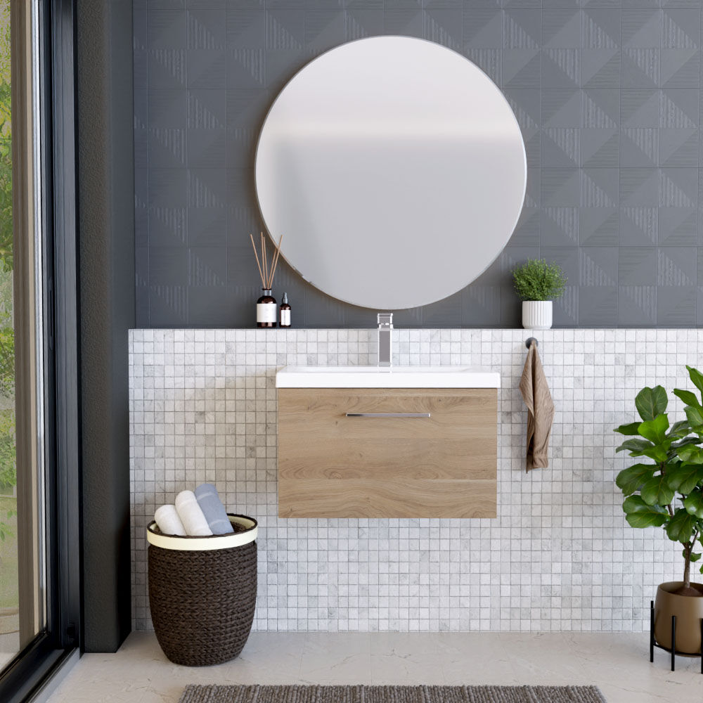 [BFLE3022A] Balterley Contemporary Bathroom Wall Hung 1 Soft-Close Drawer Vanity Unit with Mid-Edge Ceramic Basin, Bleached Oak, 600 mm - Lifestyle 1