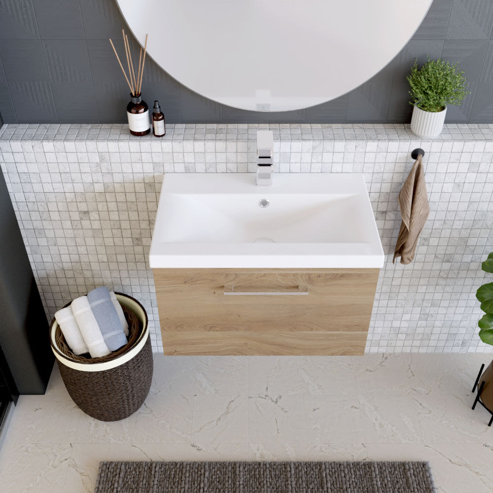 [BFLE3022A] Balterley Contemporary Bathroom Wall Hung 1 Soft-Close Drawer Vanity Unit with Mid-Edge Ceramic Basin, Bleached Oak, 600 mm - Lifestyle 2