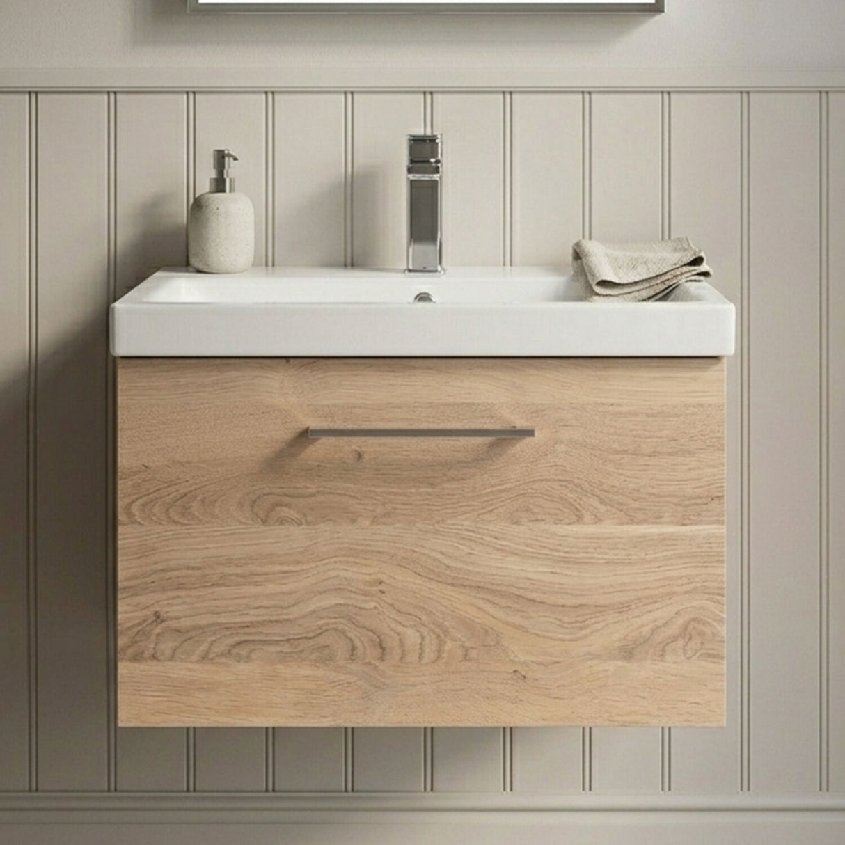 [BFLE3022A] Balterley Contemporary Bathroom Wall Hung 1 Soft-Close Drawer Vanity Unit with Mid-Edge Ceramic Basin, Bleached Oak, 600 mm - Silo