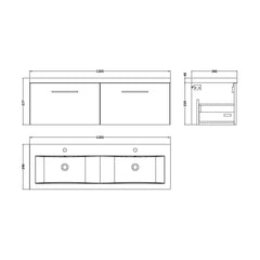 [BFLE3022F2] Bramshall Wall Hung 2 Drawer Vanity Basin Unit - 1200mm - Choice of Colour and Basin Type - Technical Drawing