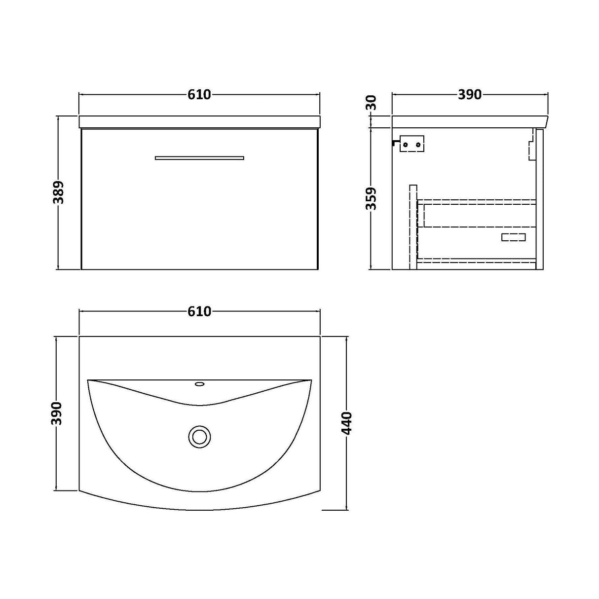 [BFLE3022G] Balterley  Modern Bathroom Wall Hung 1-Drawer Vanity & Basin, Bleached Oak, 600mm - Technical Drawing