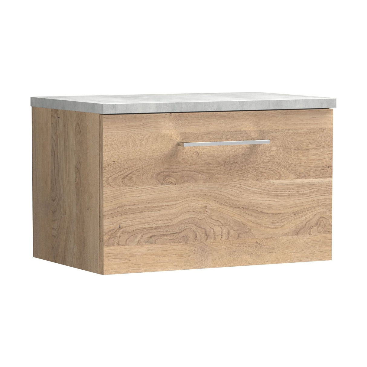 [BFLE3022LBG] Balterley Level 600mm Wall Hung 1 Drawer Vanity Unit with Laminate Worktop for Stylish Compact Bathroom Storage - Bleached Oak - Cutout