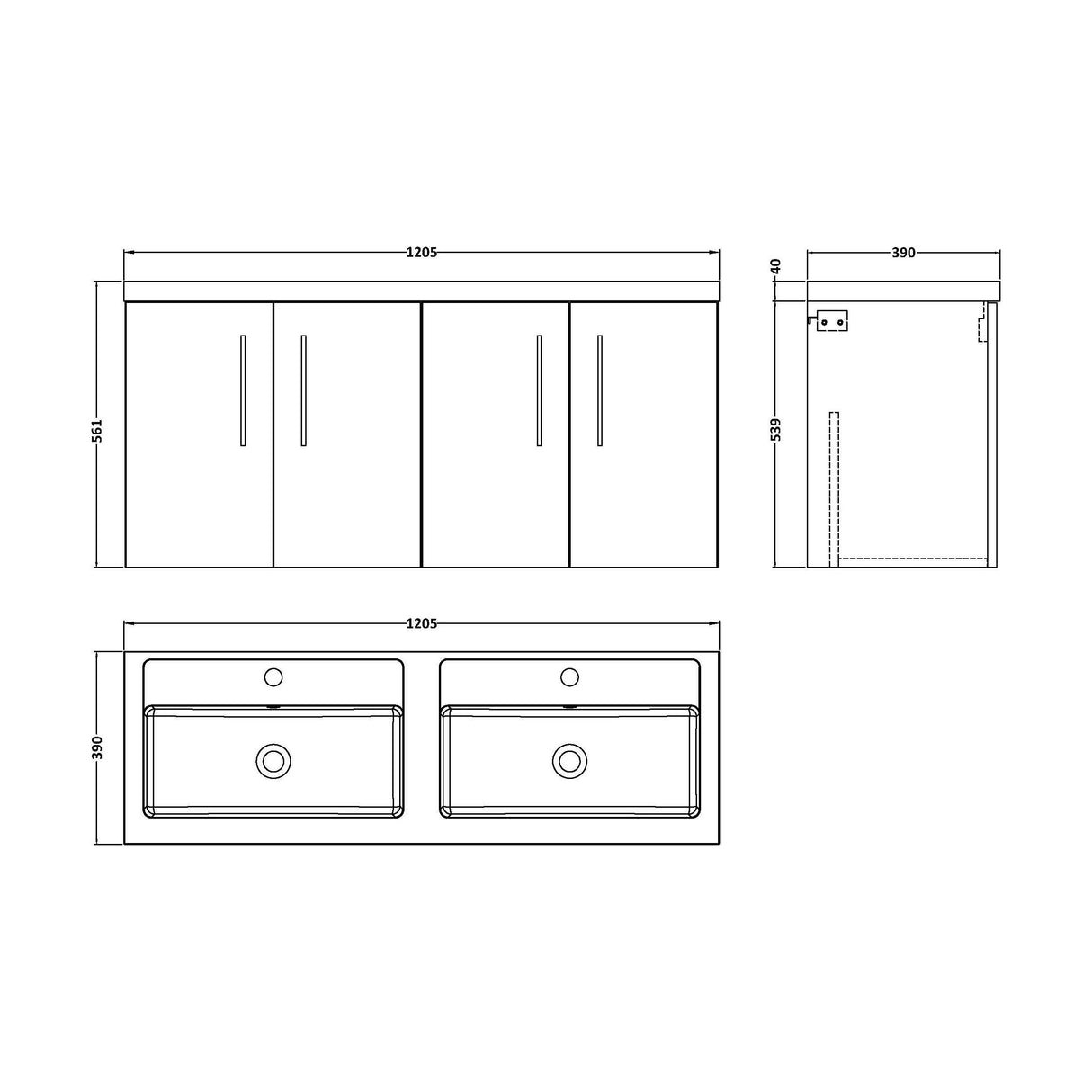 [BFLE3023C2] Bramshall 4 Door Vanity Basin Unit - 1200mm - Choice of Basin and Colour - Technical Drawing