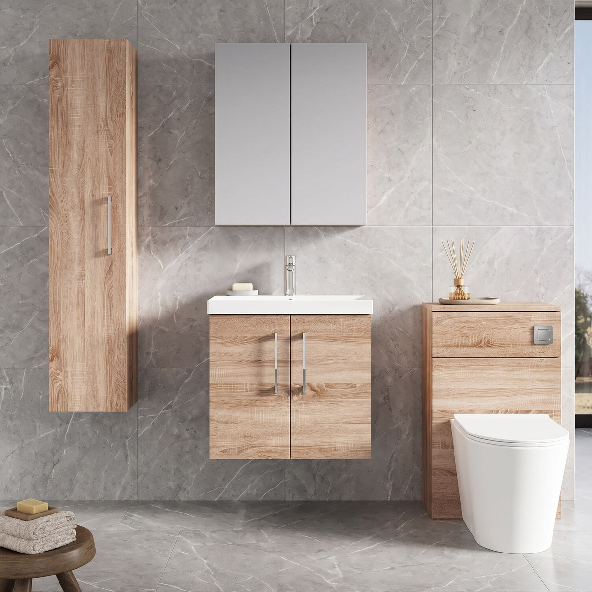 [BFLE3023D] Balterley  Contemporary Bathroom Wall Hung 2-Door Vanity & Basin, Bleached Oak, 600mm - Lifestyle 1