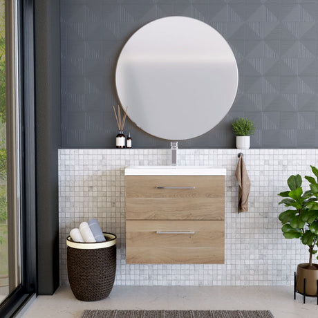 [BFLE3024A] Balterley Contemporary Bathroom Wall Hung 2 Soft-Close Drawer Vanity Unit with Mid-Edge Ceramic Basin, Bleached Oak, 600 mm - Lifestyle 1