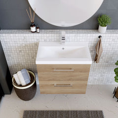 [BFLE3024A] Balterley Contemporary Bathroom Wall Hung 2 Soft-Close Drawer Vanity Unit with Mid-Edge Ceramic Basin, Bleached Oak, 600 mm - Lifestyle 2