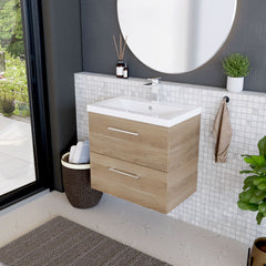 [BFLE3024A] Balterley Contemporary Bathroom Wall Hung 2 Soft-Close Drawer Vanity Unit with Mid-Edge Ceramic Basin, Bleached Oak, 600 mm - Lifestyle 3
