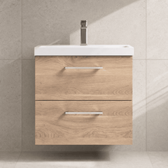 [BFLE3024A] Balterley Contemporary Bathroom Wall Hung 2 Soft-Close Drawer Vanity Unit with Mid-Edge Ceramic Basin, Bleached Oak, 600 mm - Silo