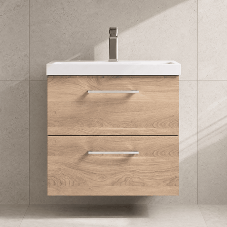 [BFLE3024A] Balterley Contemporary Bathroom Wall Hung 2 Soft-Close Drawer Vanity Unit with Mid-Edge Ceramic Basin, Bleached Oak, 600 mm - Silo