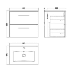 [BFLE3024B] Bramshall Contemporary 2 Soft Close Drawer Wall Hung Vanity Unit, Choice of Size/Basin Type/Colour - Technical Drawing