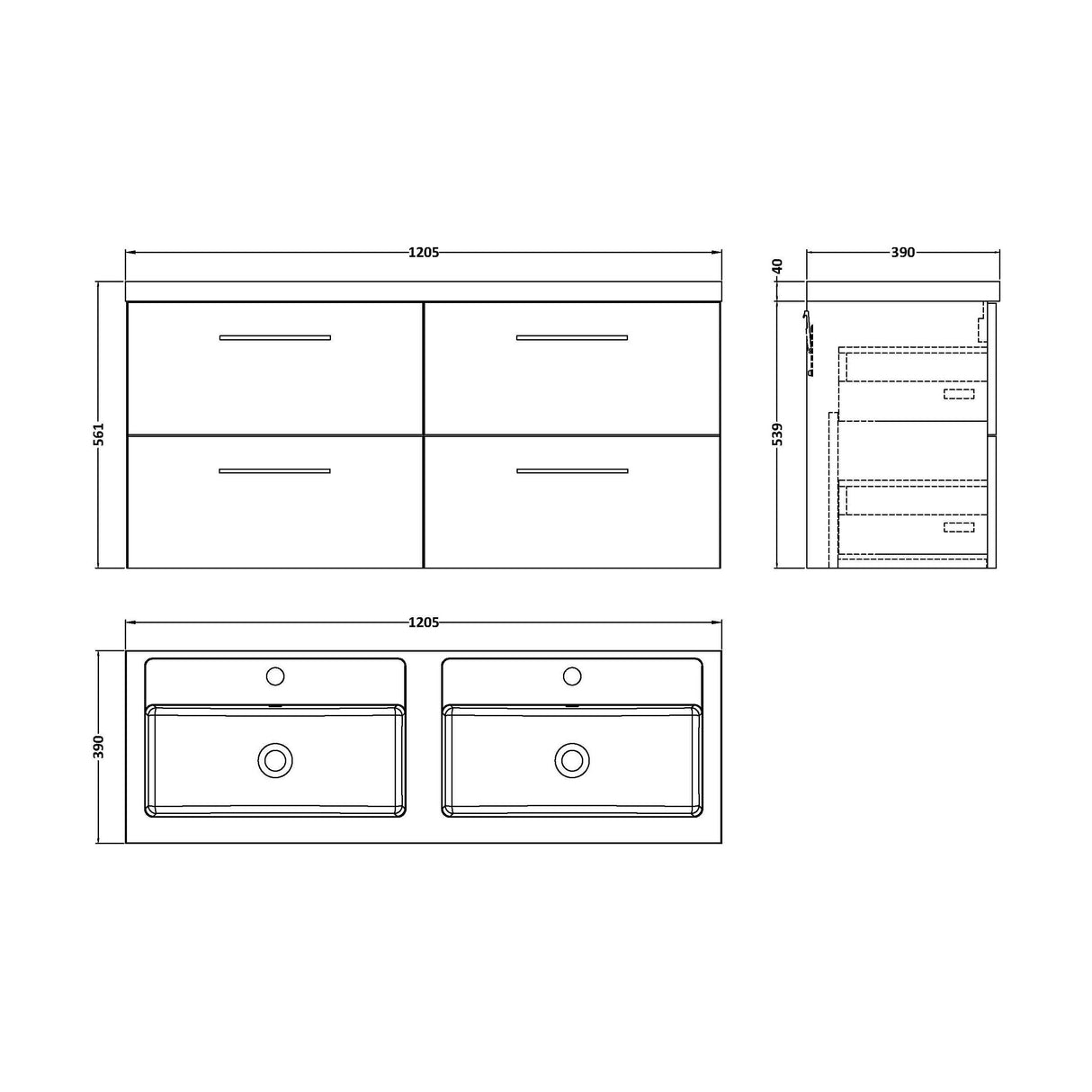 [BFLE3024C2] Balterley Level 1200mm Wall Hung 4-Drawer Vanity Unit with Double Basin for Modern Bathroom Storage - Gloss White - Technical Drawing