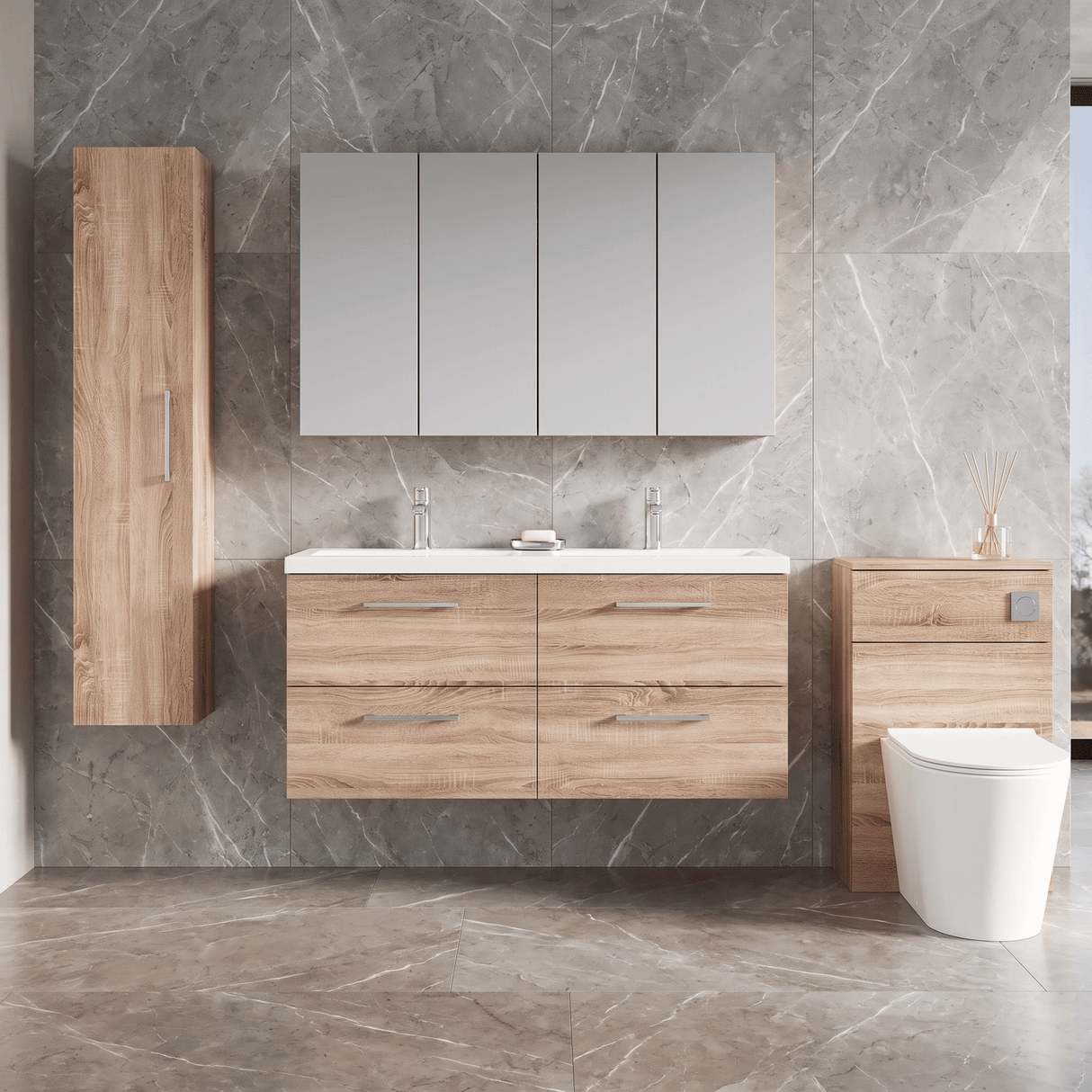 [BFLE3024F2] Balterley Level 1200mm Wall Hung 4-Drawer Vanity Unit with Double Basin for Modern Bathroom Storage - Gloss White - Lifestyle 1
