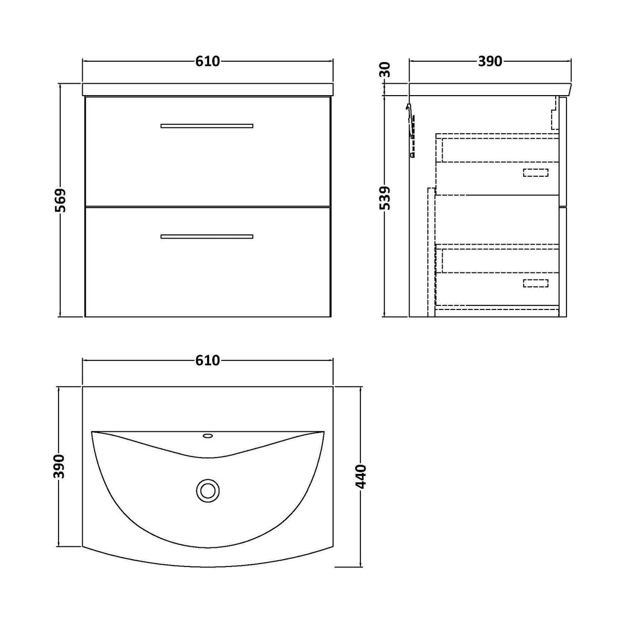 [BFLE3024G] Balterley  Modern Bathroom Wall Hung 2-Drawer Vanity & Basin, Bleached Oak, 600mm - Technical Drawing