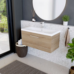 [BFLE3025A] Balterley Contemporary Bathroom Wall Hung 1 Soft-Close Drawer Vanity Unit & Mid-Edge Ceramic Basin, Bleached Oak, 800 mm - Lifestyle 3
