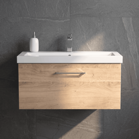 [BFLE3025A] Balterley Contemporary Bathroom Wall Hung 1 Soft-Close Drawer Vanity Unit & Mid-Edge Ceramic Basin, Bleached Oak, 800 mm - Silo