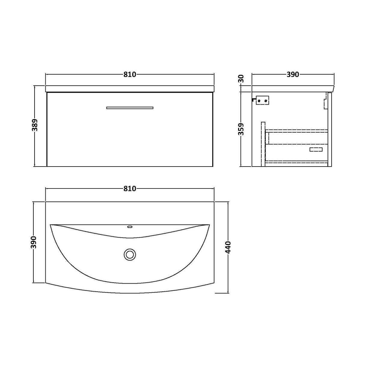 [BFLE3025G] Balterley  Modern Bathroom Wall Hung 1-Drawer Vanity & Basin, Bleached Oak, 800mm - Technical Drawing