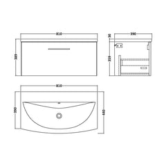 [BFLE3025G] Balterley  Modern Bathroom Wall Hung 1-Drawer Vanity & Basin, Bleached Oak, 800mm - Technical Drawing
