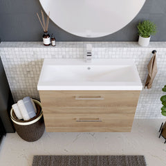 [BFLE3026A] Balterley Contemporary Bathroom Wall Hung 2 Soft-Close Drawer Vanity Unit & Mid-Edge Ceramic Basin, Bleached Oak, 800 mm - Lifestyle 2