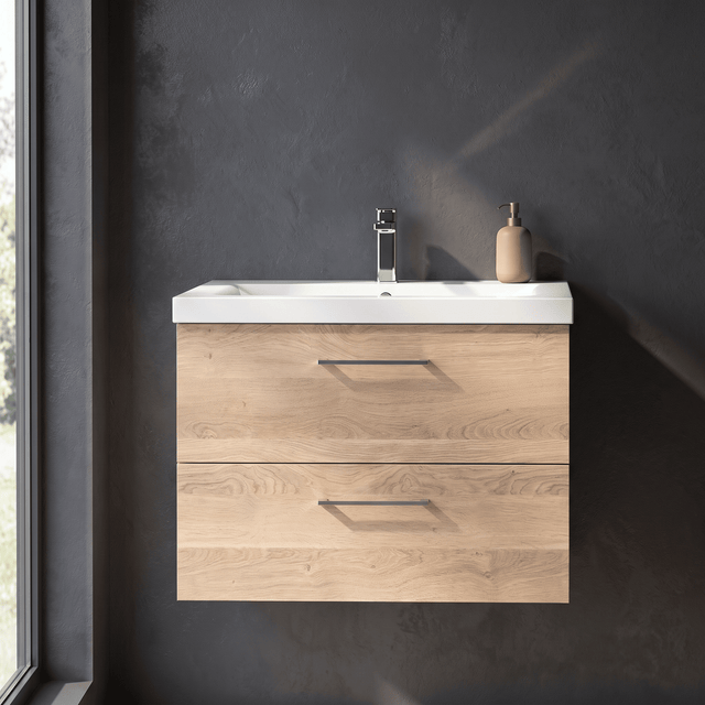 [BFLE3026A] Balterley Contemporary Bathroom Wall Hung 2 Soft-Close Drawer Vanity Unit & Mid-Edge Ceramic Basin, Bleached Oak, 800 mm - Silo