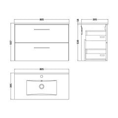 [BFLE3026B] Balterley  Contemporary Bathroom 2 Soft Close Drawer & Minimalist Wall Hung Vanity Unit Basin, Bleached Oak, 800mm - Technical Drawing