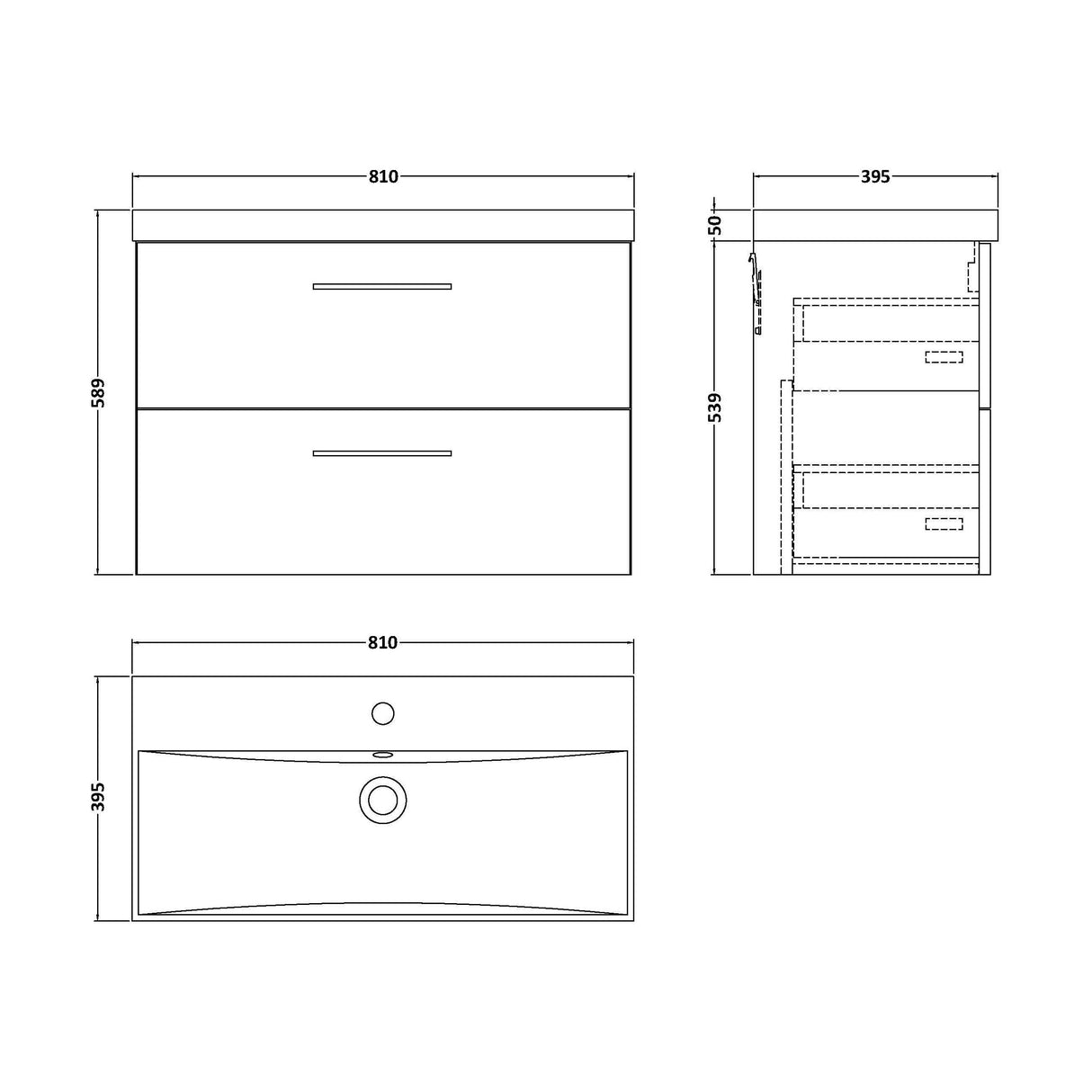 [BFLE3026D] Balterley  Contemporary Bathroom Wall Hung 2-Drawer Vanity & Basin, Bleached Oak, 800mm - Technical Drawing