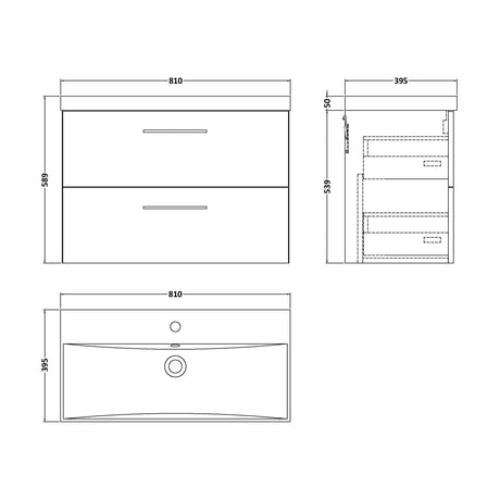 [BFLE3026D] Balterley  Contemporary Bathroom Wall Hung 2-Drawer Vanity & Basin, Bleached Oak, 800mm - Technical Drawing