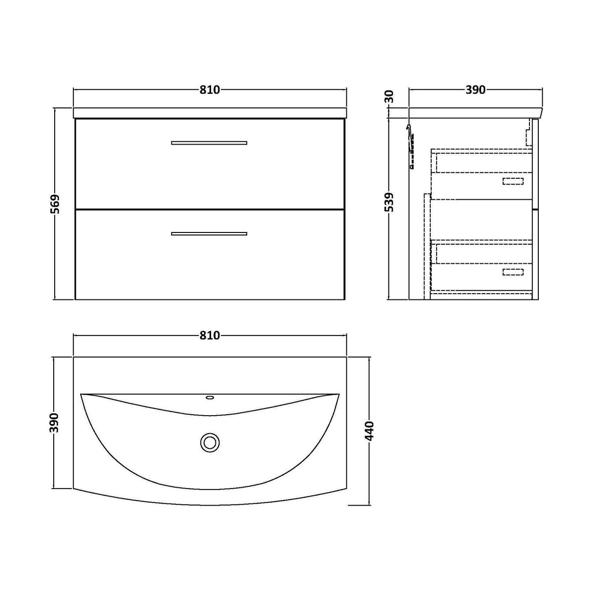 [BFLE3026G] Balterley  Modern Bathroom Wall Hung 2-Drawer Vanity & Basin, Bleached Oak, 800mm - Technical Drawing