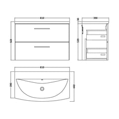 [BFLE3026G] Balterley  Modern Bathroom Wall Hung 2-Drawer Vanity & Basin, Bleached Oak, 800mm - Technical Drawing