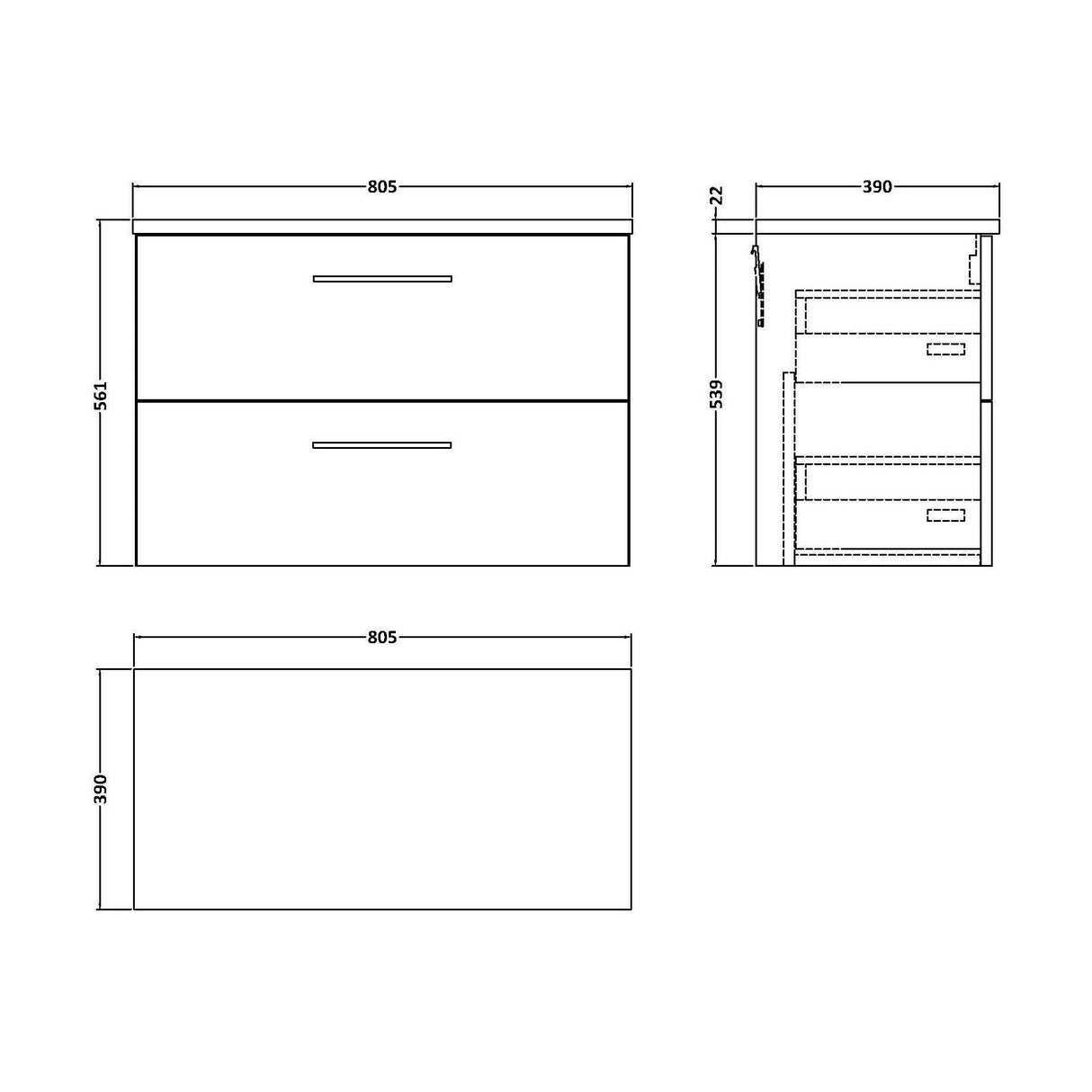 [BFLE3026LBG] Bramshall Contemporary 2 Drawer Wall Hung Vanity Unit with Bellato Grey Laminate Worktop, Choice of Size and Colour - Technical Drawing