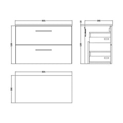 [BFLE3026W] Bramshall Contemporary 2 Soft Close Drawer Wall Hung Vanity Unit with Worktop, Choice of Size and Colour - Technical Drawing