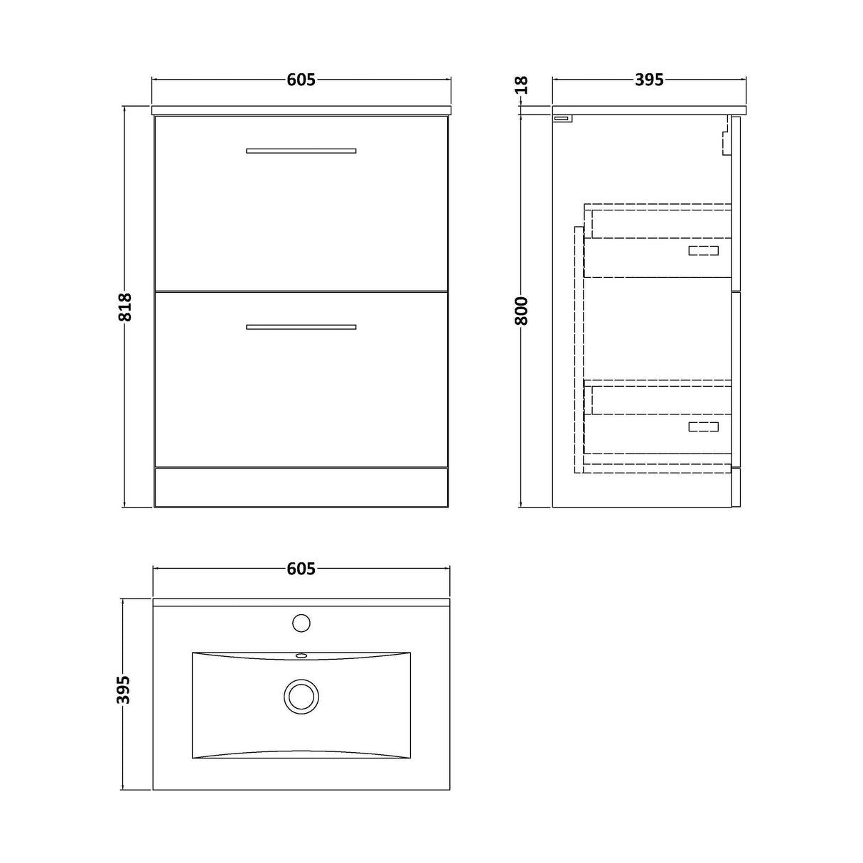 [BFLE3033B] Bramshall Contemporary 2 Drawer Floor Standing Vanity Unit, Choice of Size, Colour and Basin - Technical Drawing