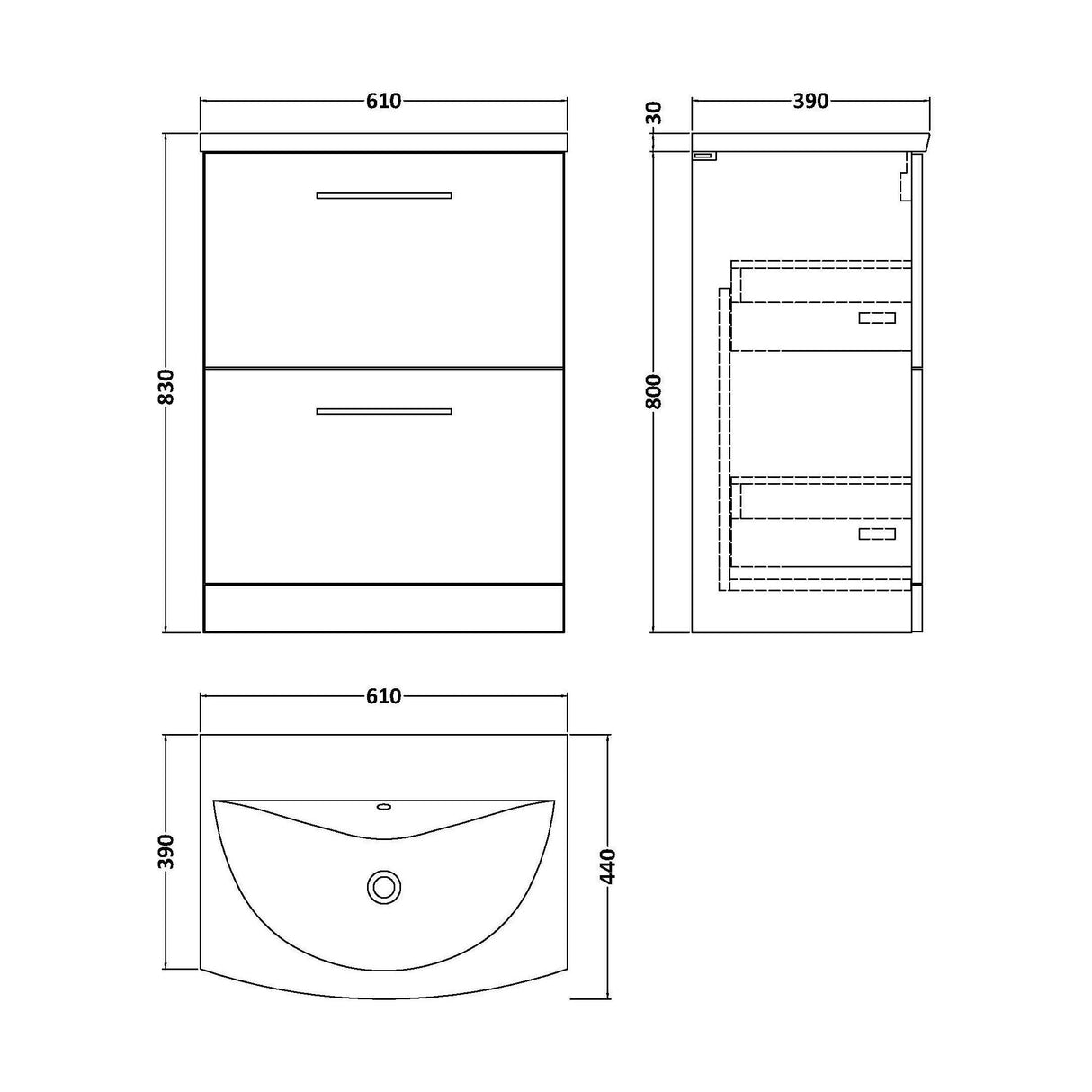[BFLE3033G] Bramshall Contemporary 2 Drawer Floor Standing Vanity Unit, Choice of Size, Colour and Basin - Technical Drawing
