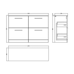 [BFLE3033W2] Balterley Level Modern Bathroom 4 Drawer Floor Standing Vanity Unit with Worktop & Handles, Bleached Oak, 1205 mm - Technical Drawing