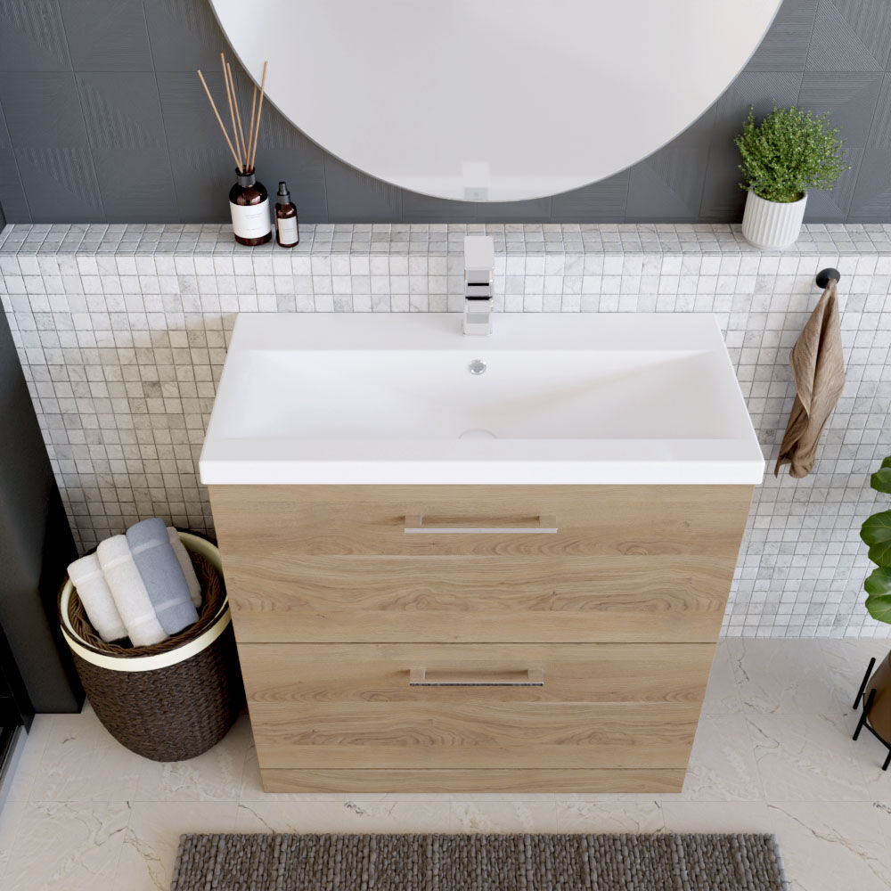 [BFLE3035A] Balterley Contemporary Bathroom Floor Standing 2 Soft-Close Drawer Vanity Unit & Mid-Edge Ceramic Basin, Bleached Oak, 800 mm - Lifestyle 2