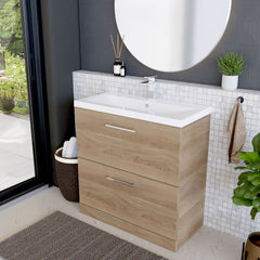 [BFLE3035A] Balterley Contemporary Bathroom Floor Standing 2 Soft-Close Drawer Vanity Unit & Mid-Edge Ceramic Basin, Bleached Oak, 800 mm - Lifestyle 3