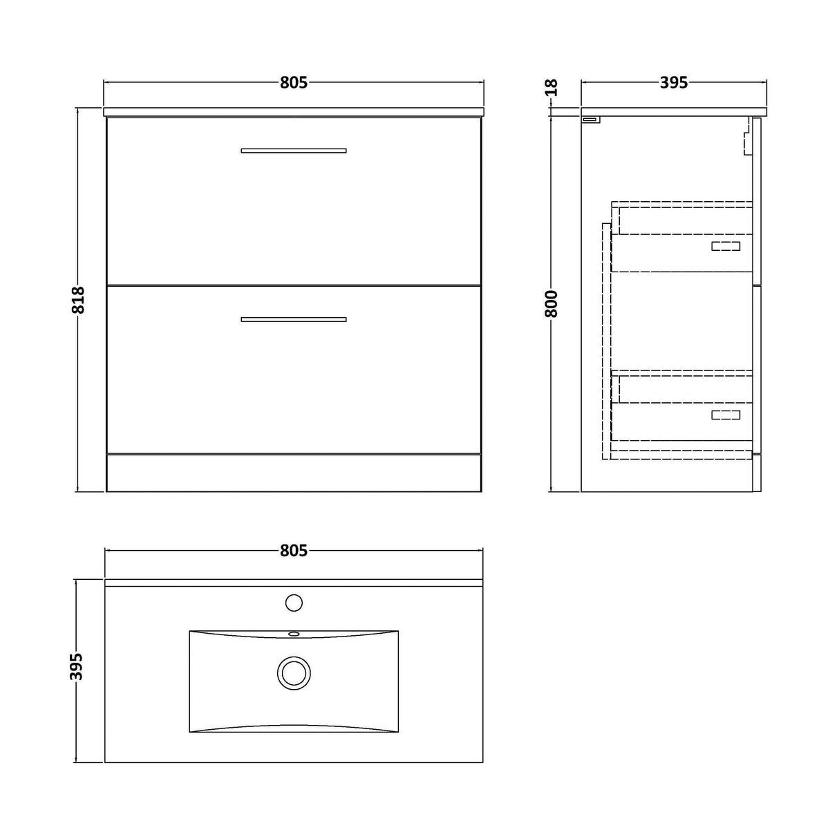 [BFLE3035B] Bramshall Contemporary 2 Drawer Floor Standing Vanity Unit, Choice of Size, Colour and Basin - Technical Drawing