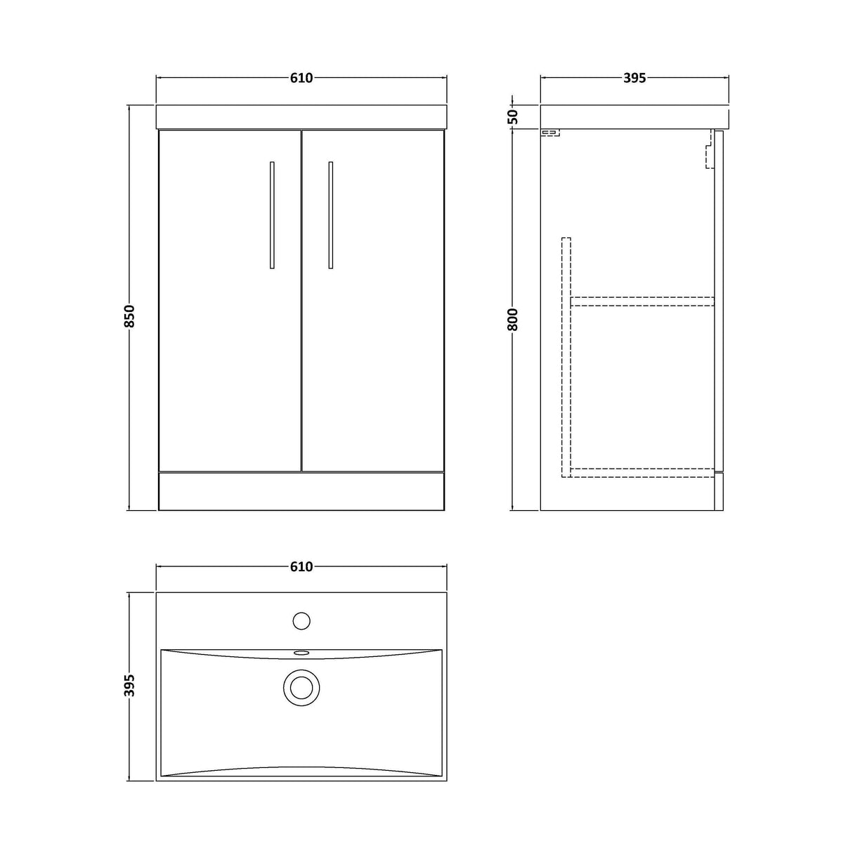 [BFLE503D] Bramshall Contemporary 2 Soft Close Doors Floor Standing Vanity Basin Unit, Choice of Size/Basin Type/Colour - Technical Drawing