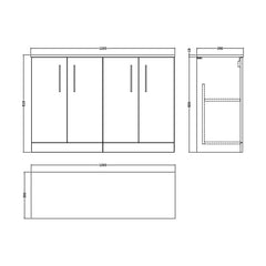 [BFLE503W2] Balterley Level Modern Bathroom 2 Door Floor Standing Vanity Unit with Worktop & Handles, Anthracite Woodgrain, 1205 mm - Technical Drawing