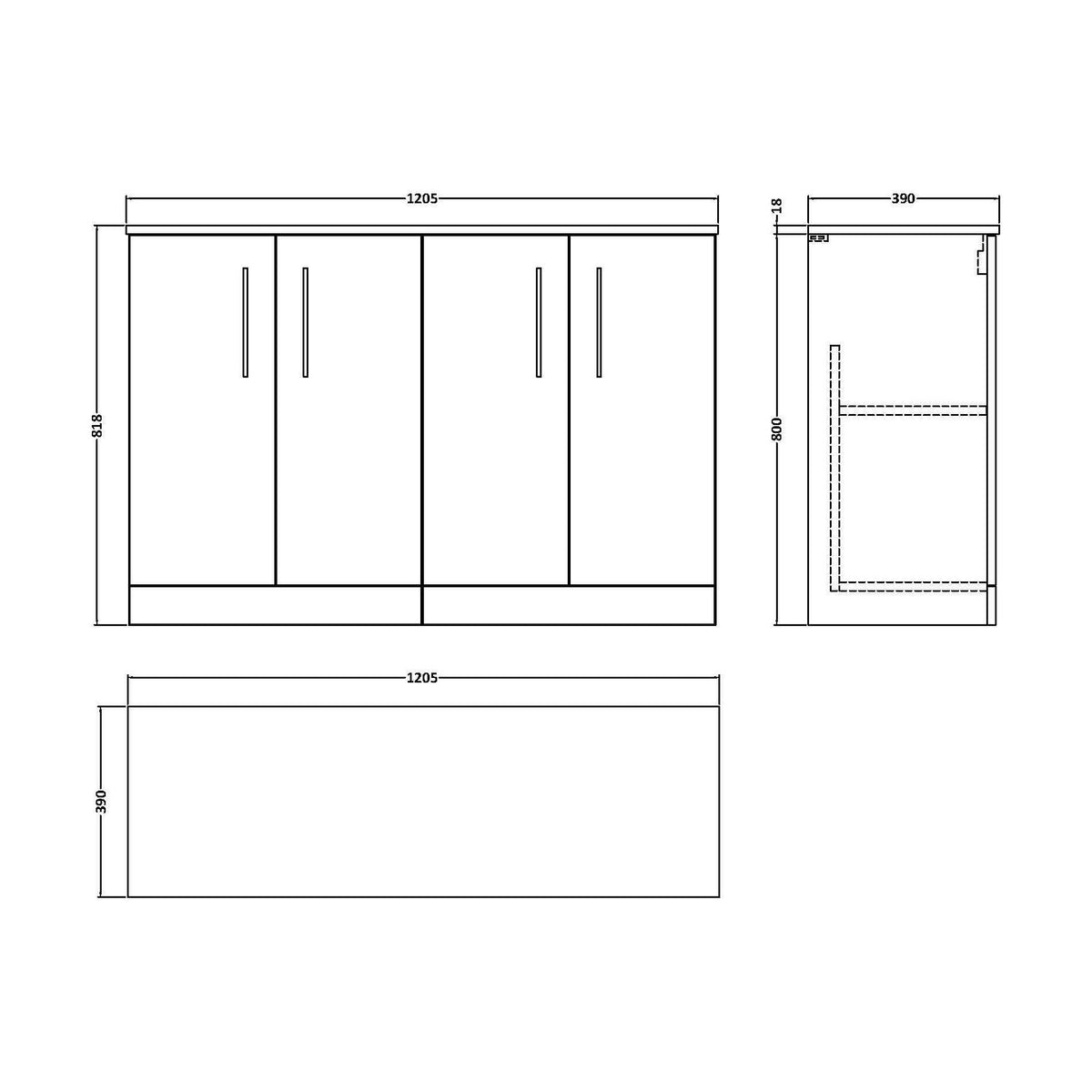 [BFLE503W2] Bramshall Contemporary 4 Door Floor Standing Vanity Unit with Worktop, 1200mm, Choice of Colour - Technical Drawing