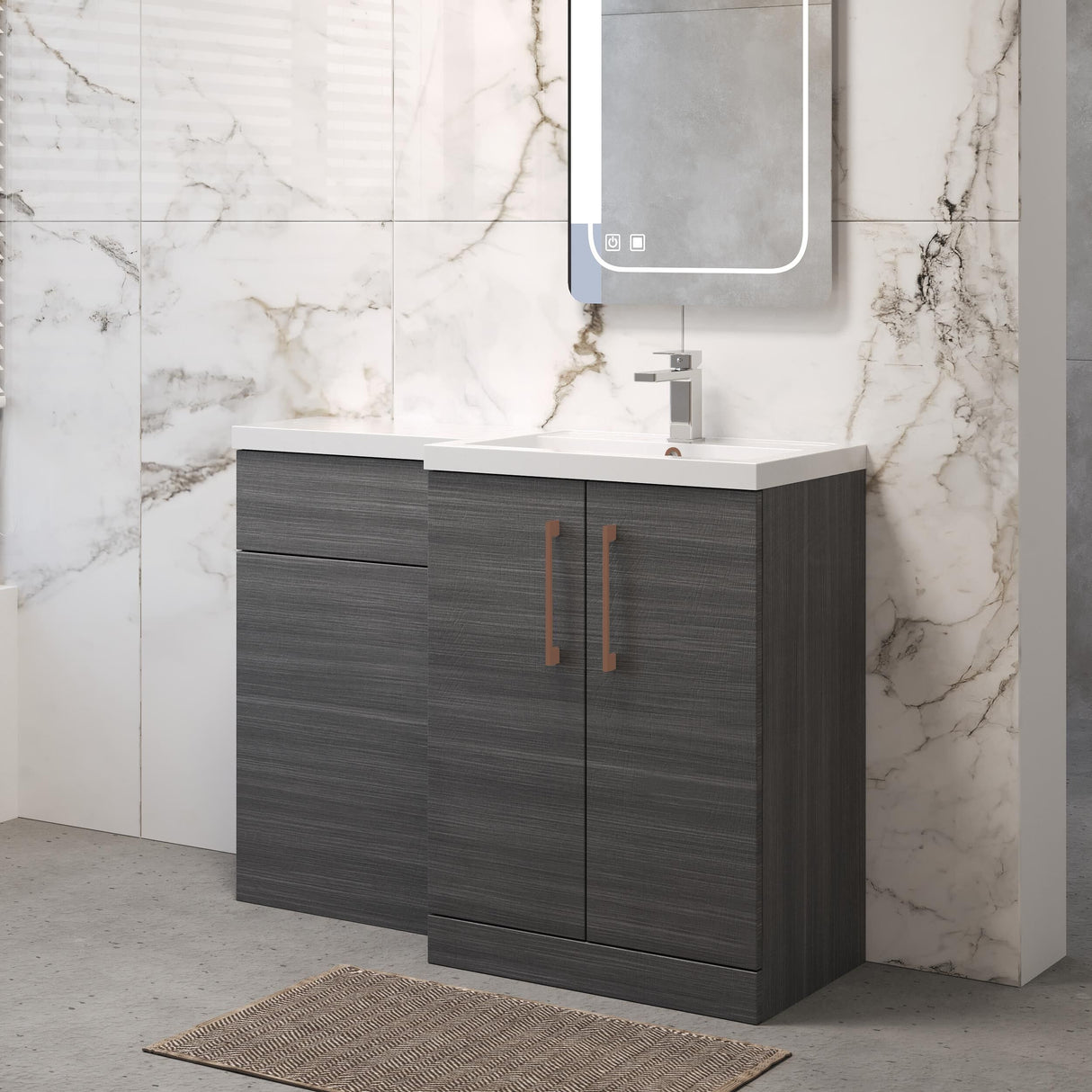 Bramshall Combination Vanity Unit with Basin & WC, Right Hand, 1100mm x 390mm - Choice of Colour and Handle Finish
