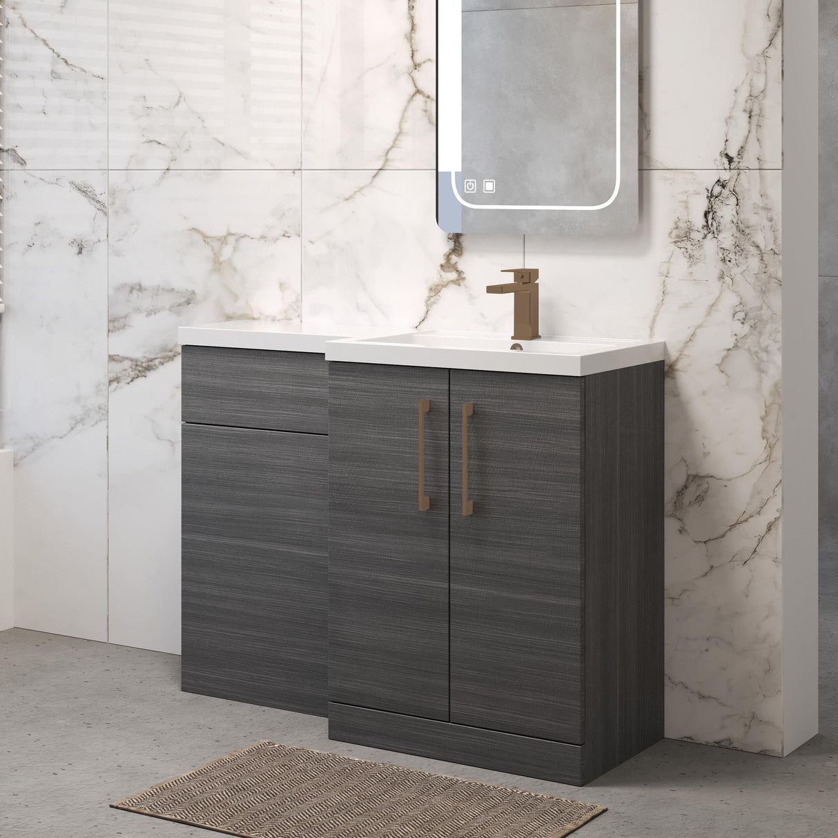 Bramshall Combination Vanity Unit with Basin & WC, Right Hand, 1100mm x 390mm - Choice of Colour and Handle Finish
