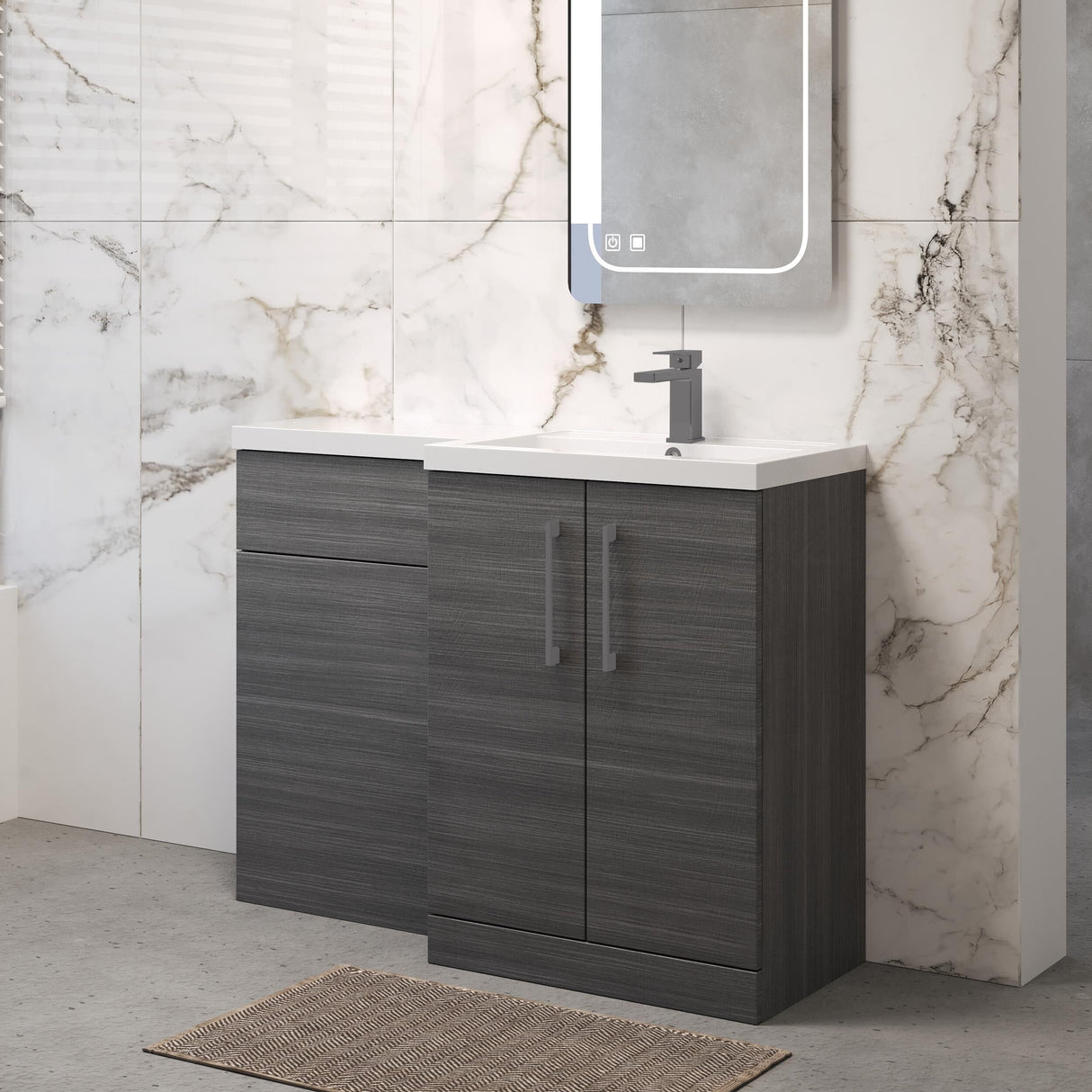 Bramshall Combination Vanity Unit with Basin & WC, Right Hand, 1100mm x 390mm - Choice of Colour and Handle Finish