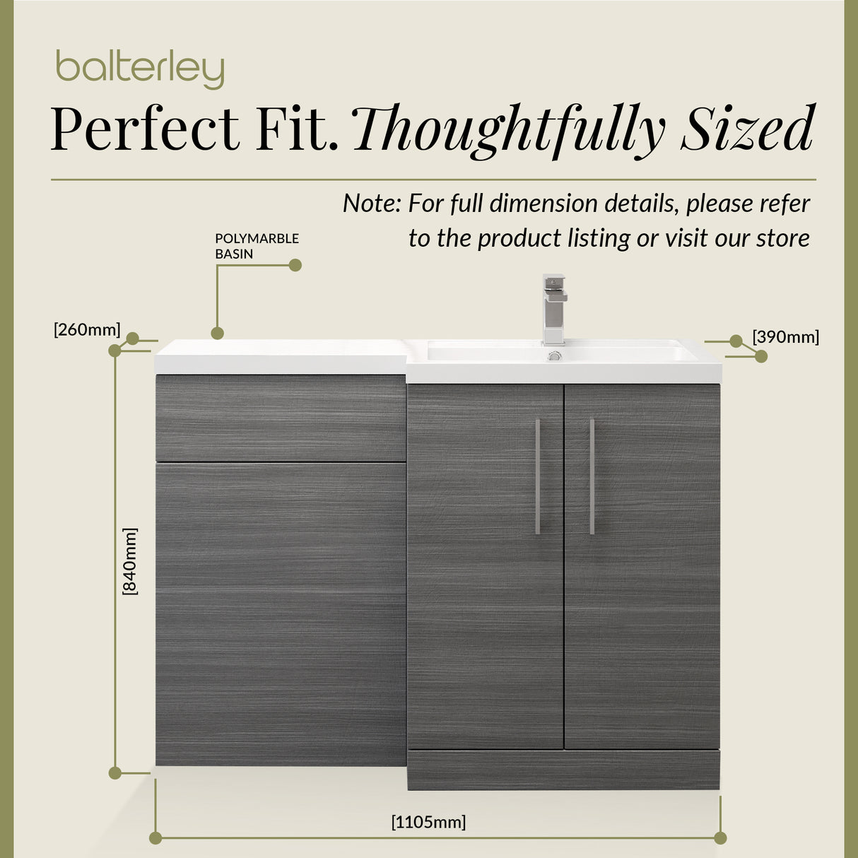 Bathroom Vanity Unit with Basin & WC, Right Hand, 1100mm x 390mm - Choice of Colour