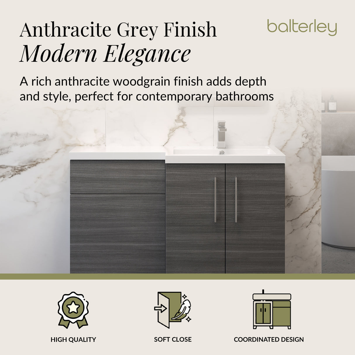 Bathroom Vanity Unit with Basin & WC, Right Hand, 1100mm x 390mm - Choice of Colour