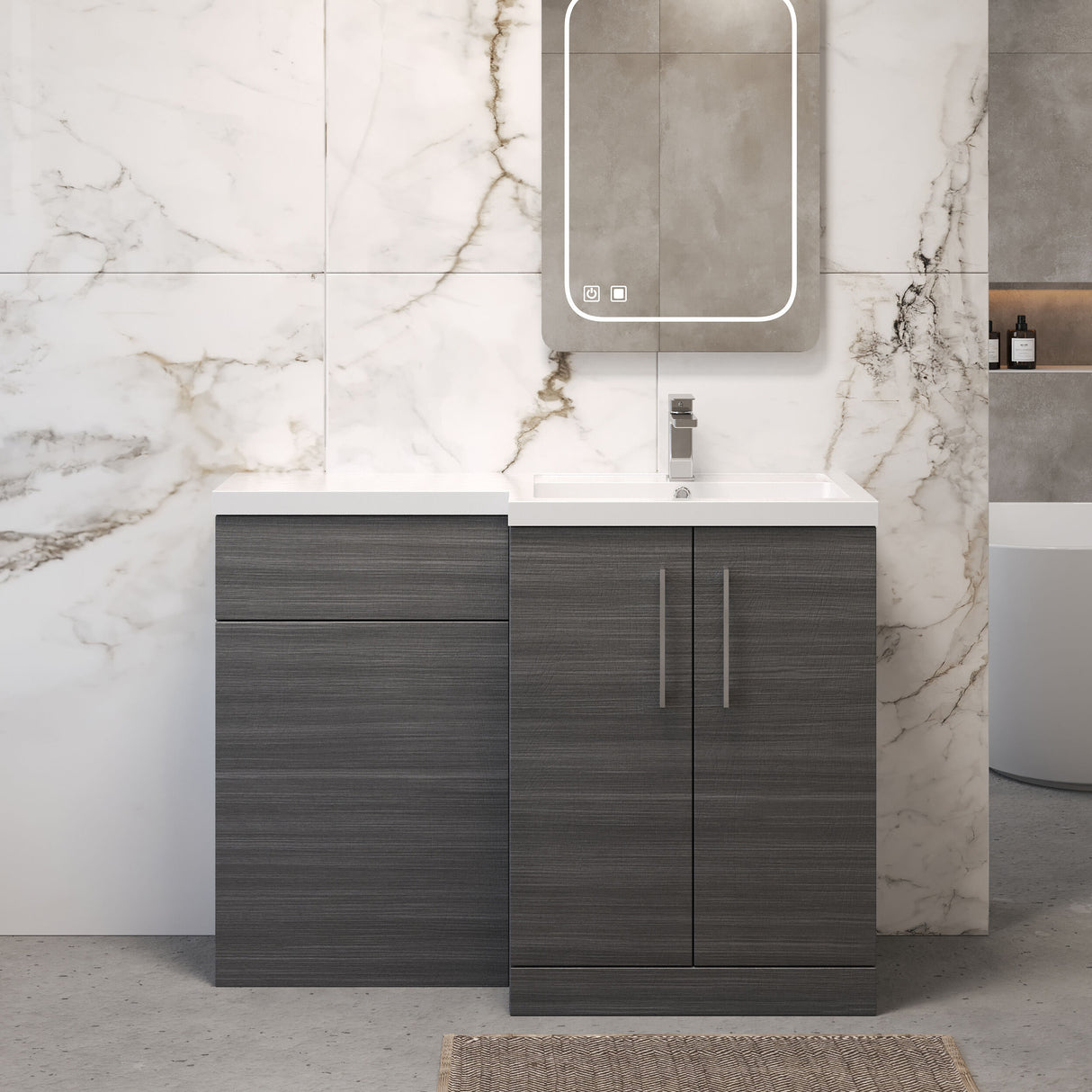 Bramshall Combination Vanity Unit with Basin & WC, Right Hand, 1100mm x 390mm - Choice of Colour and Handle Finish